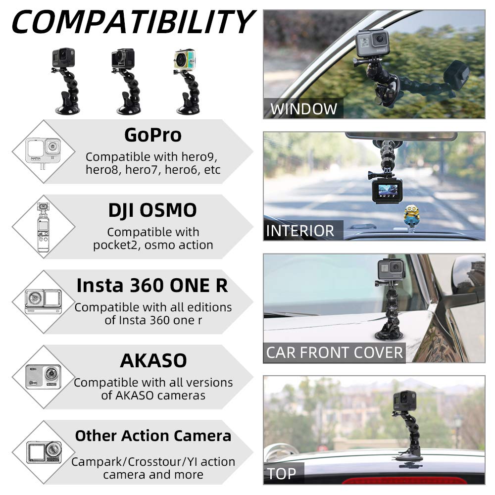 Surewo Flexible Gooseneck Suction Cup Car Mount Holder For Gopro 13, Flexible Extension Car Windshield Mount With Phone Mount Fo